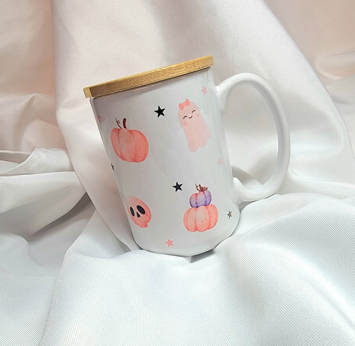 Pink Ghost Coffee Mug with Bamboo Lid