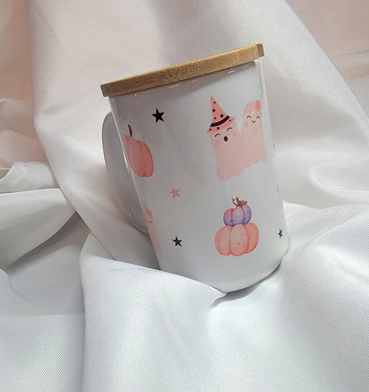 Pink Ghost Coffee Mug with Bamboo Lid