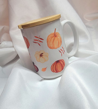 Fall Pumpkin designed Coffee Mug with Bamboo Lid