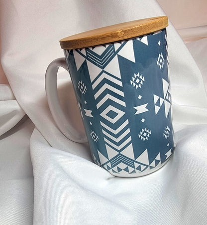 Blue Aztec Coffee Mug with Bamboo Lid