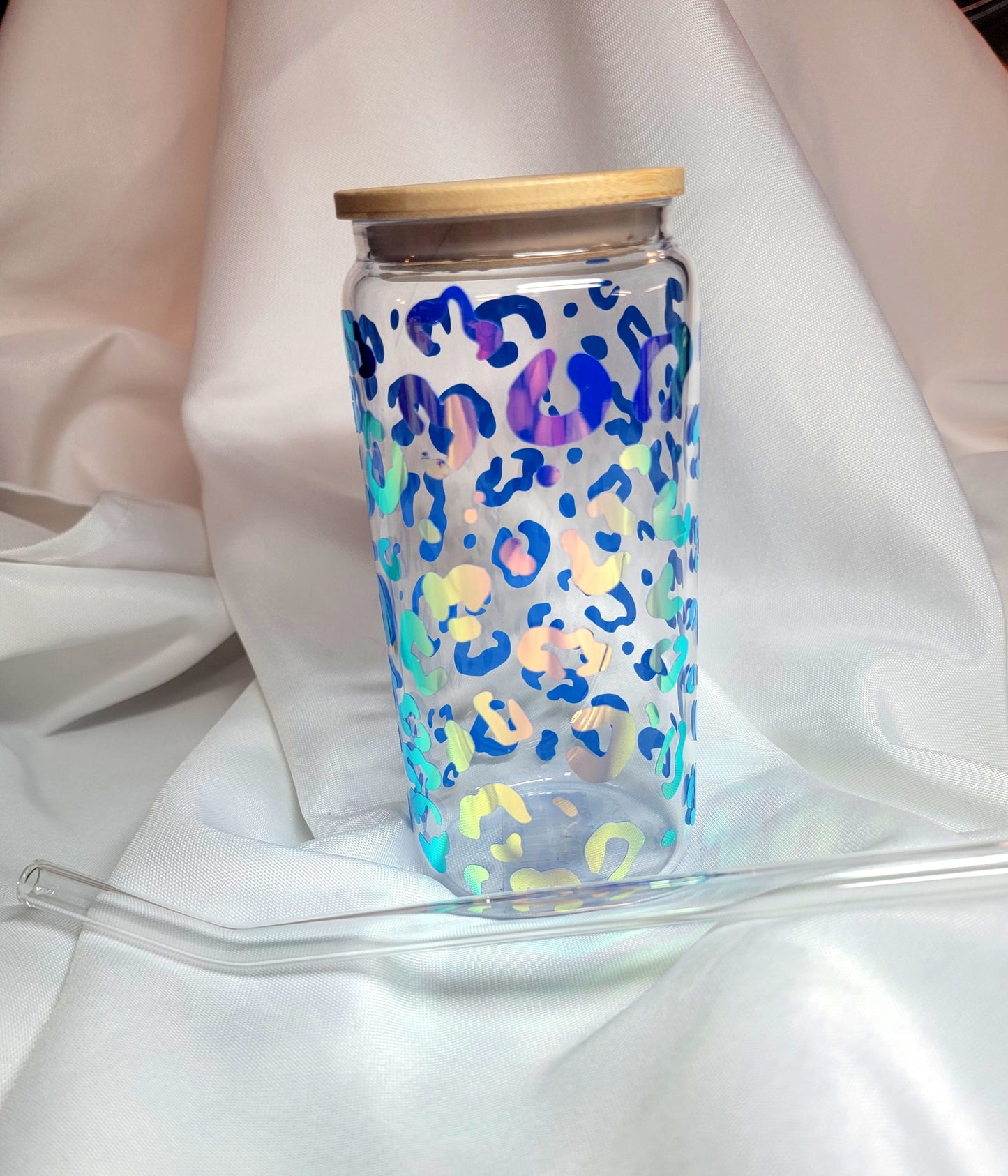 Blue Holographic leopard print beer can glass with lid and straw