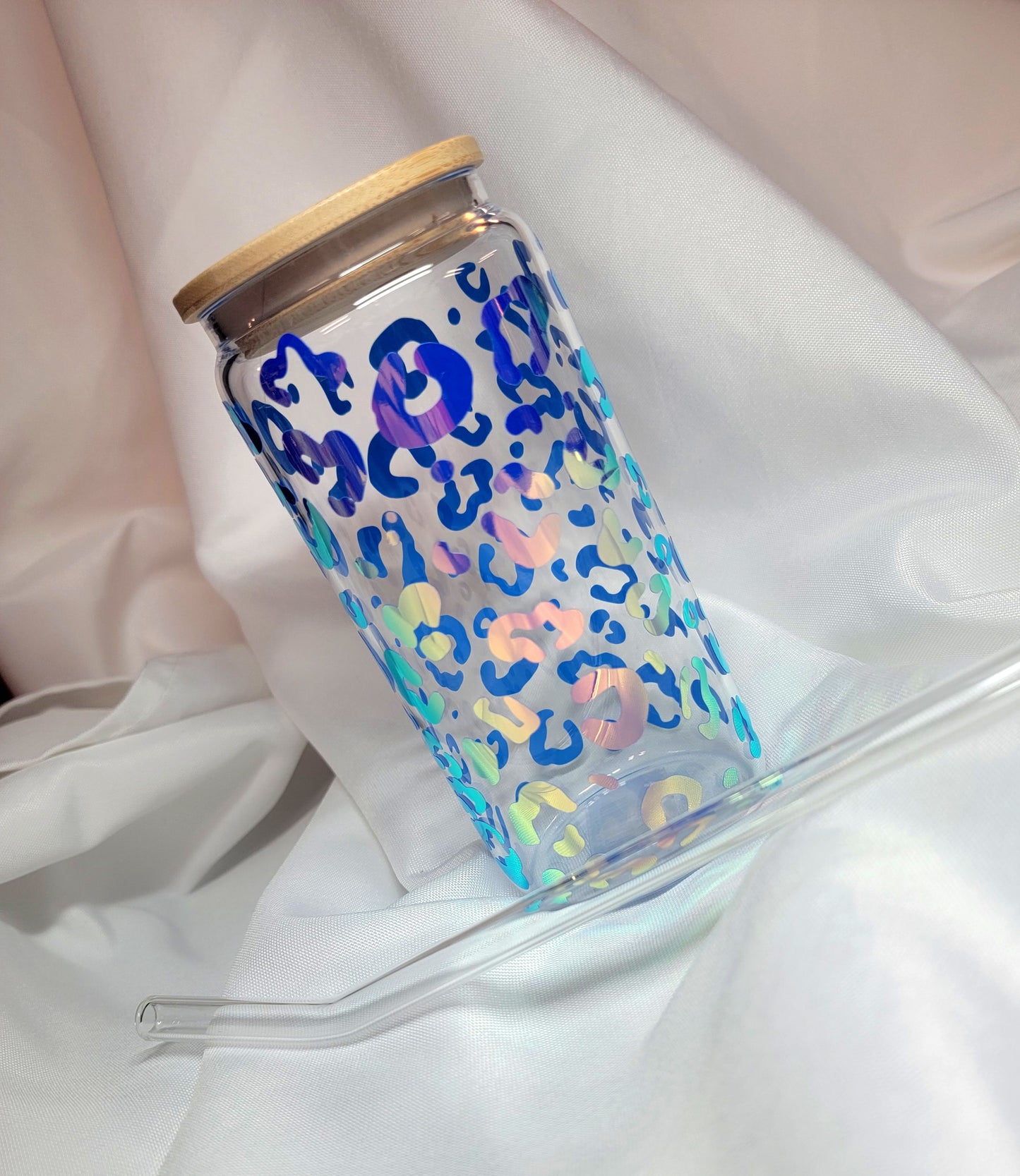 Blue Holographic leopard print beer can glass with lid and straw