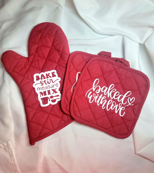 Oven Mitt and Pot Holders Set- Baked with Love