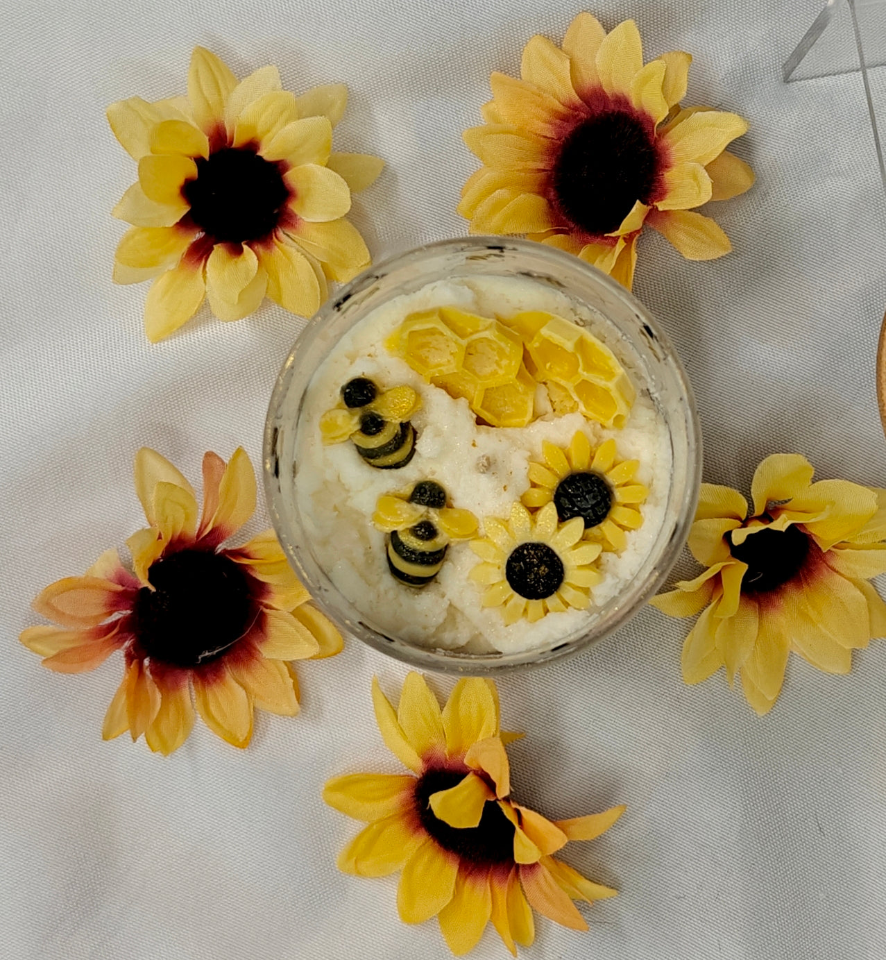Bee Kind Spring Candle scented Backroad Drivin candle with little honeybee, sunflower, and honeycomb wax embeds