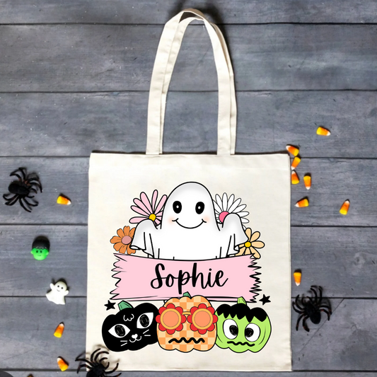 Personalized Halloween trick or treat tote bags for kids