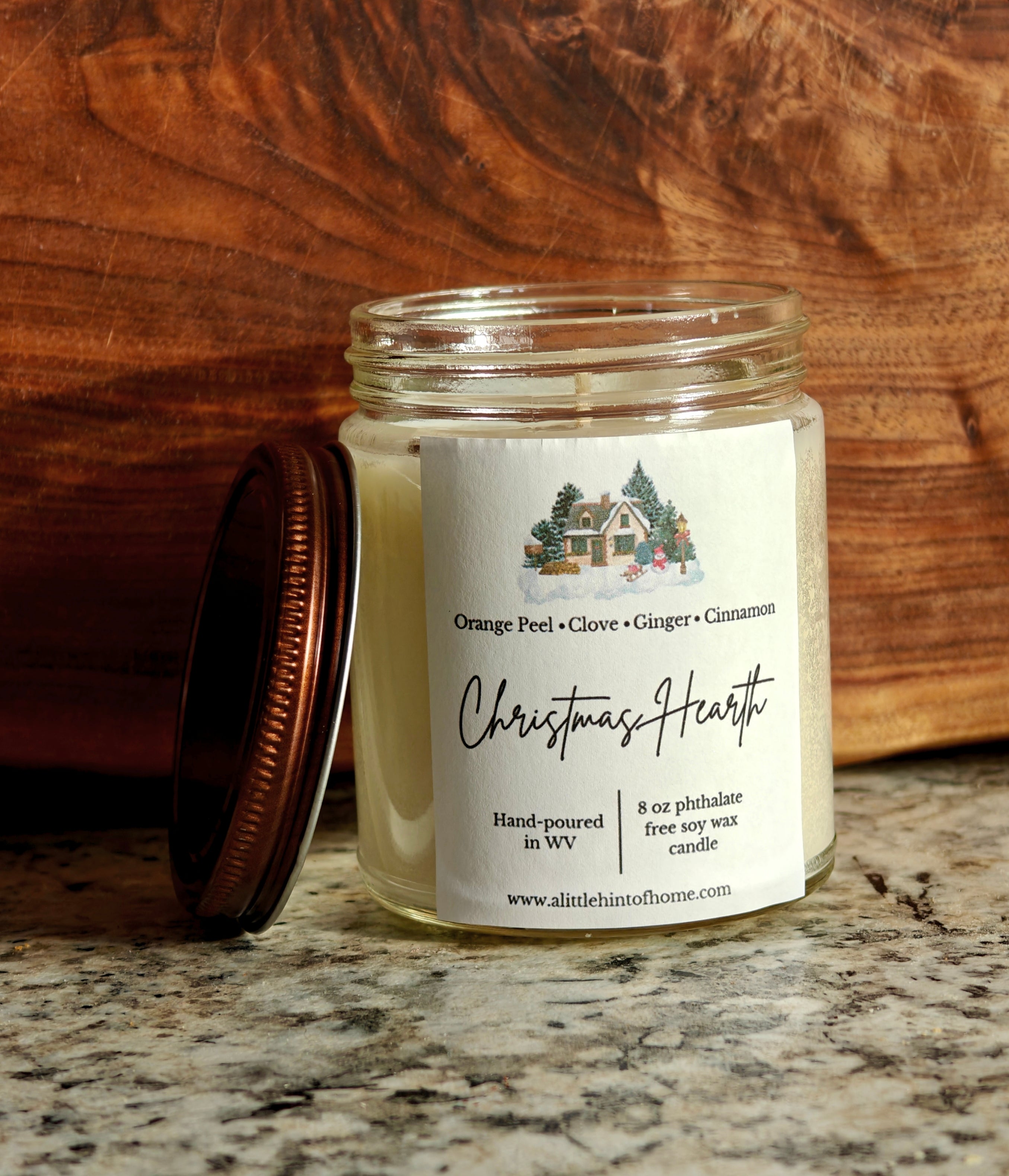 Christmas Hearth 8 oz soy candle with copper lid