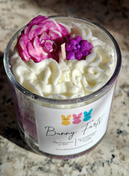 whipped candle with roses on top with label stating bunny farts